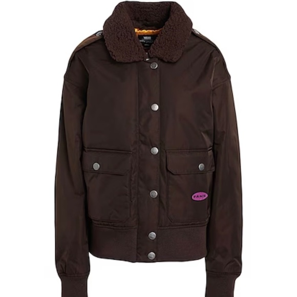 VANS Women's Bomber Jacket Brown Pockets Flight Satin Zip Oversized Size 0A7YQX - Picture 2 of 5